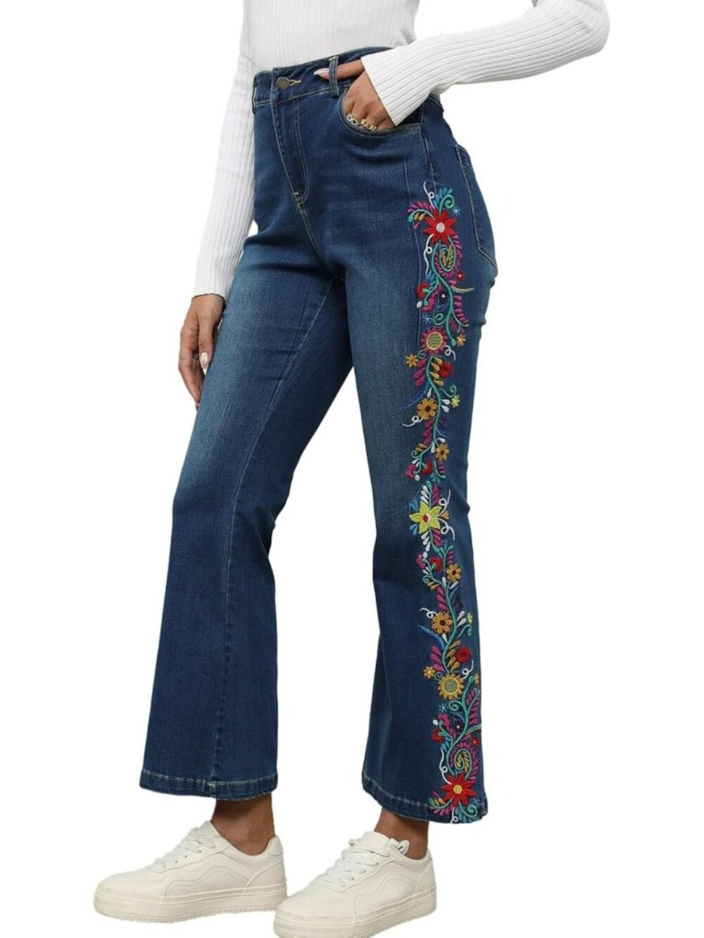 High Waisted Embroidered Wide Leg Jeans | Cropped Bohemian Floral Denim Capris
